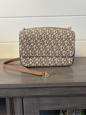 Designer Monogram DKNY Crossbody Bag in Brown and Cream